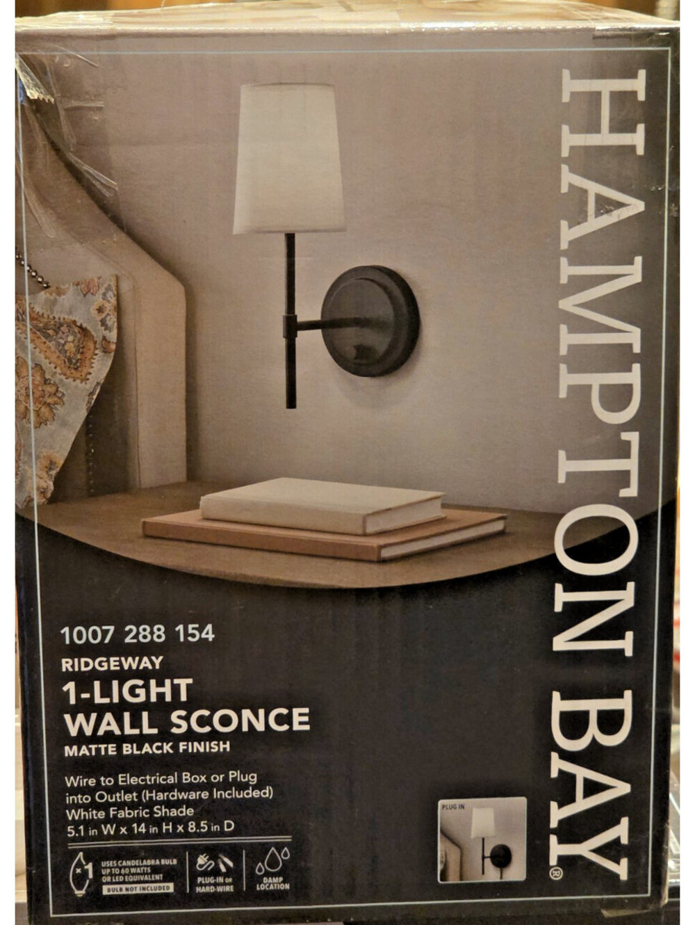 Hampton Bay Ridgeway 1-Light Matte Black Wall Sconce Bathroom/Bedroom/Living #1
